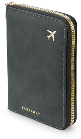 LELE LIFE Funda para pasaporte con cierre de cremallera seguro, cartera de pasaporte con bloqueo RFID para viajes, bonita funda de piel sintética mate para hombres y mujeres, artículos esenciales de