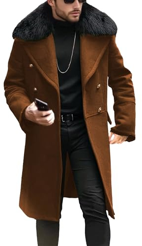 Herr klassisk ull trenchöverrock S-6XL smal passform business dun lång peacoat enkelknäppt ullblandning ärtrock, Brun, 4XL