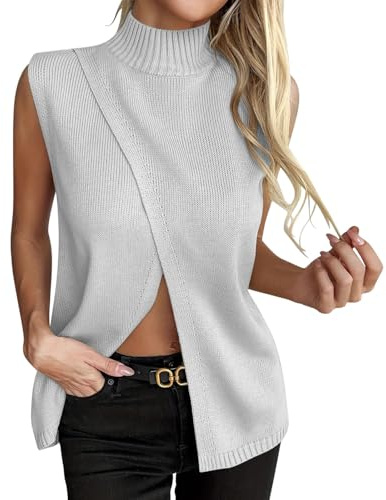 Gilet long pour femme - Pull sans manches à col roulé - Ourlet fendu - Gilet tricoté - Gilet long - Gilet d'été pour sortir - Chemisier ample décontracté