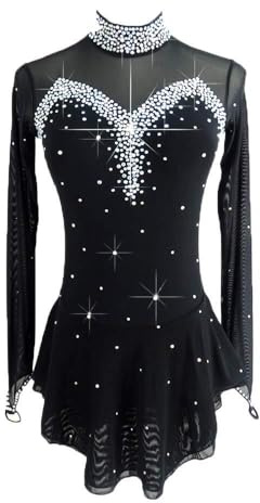 LIUHUO Robe de Patinage Artistique Noire pour Filles Femmes Dos Nu à Manches Longues Perles..., Femme, Noir, Medium
