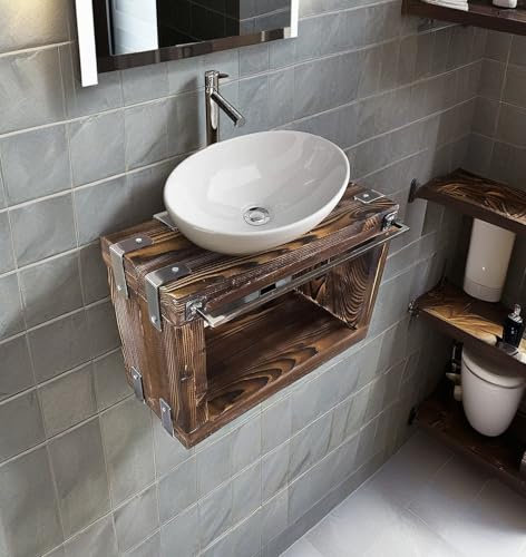 CHYRKA® Badmöbel Waschtisch BORYSLAW-Bad Waschbecken Hängeschrank Waschtischunterschrank Waschbecken-Unterschrank Metall Holz Loft Handmade (Natur, 40 x 28 cm H=40 cm)
