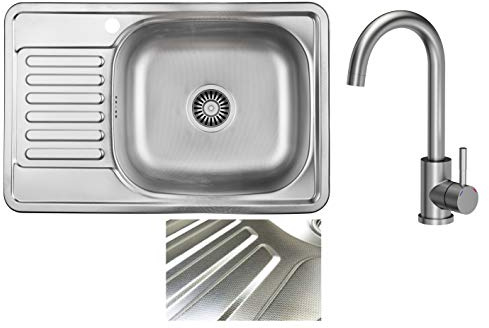 VBChome Einbauspüle 66x42 cm aus Edelstahl mit Armatur links Abtropffläche Spüle für Küche oder Camping eckig Inox Küchenspüle mit Ablaufgarnitur Siphon Wasserhahn satinierte Oberfläche