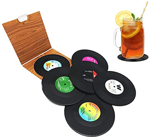 Posavasos de Discos de Vinilo Retro Coloridos, 6 Antideslizantes para Bebidas, Café, Té, Jarra de Cerveza, Copa de Vino - para Hogar y Bar