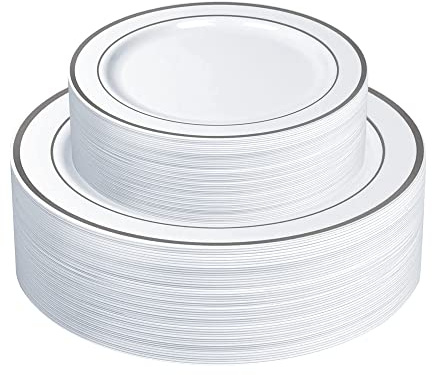 SETUP [60 Piece Combo Silver Trim Plastic Plates - Premium Heavy-Duty 30 Disposable 10.25 Dinner Party Plates and 30 Disposable 7.5 Salad Plates