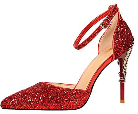 JOEupin Women Sparkle Sequins Stilettos Sandals Ankle Strap 3 Sexy Party Dress Glitter Pump Sandal Shoes, Red, 4 UK