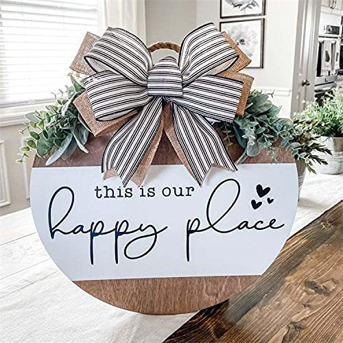 This is Our Happy Place Sign Wreaths, Welcome Front Door Decoration Wall Hanging Signs, Holiday New Year Christmas Decoration Housewarming Gift for Home Outdoor Indoor, 12 inches