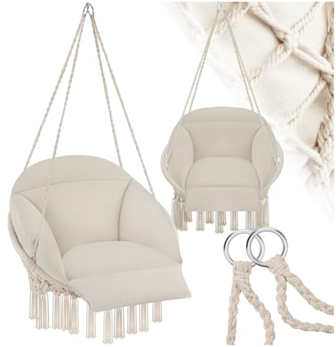 tectake® Fauteuil Suspendu Relax style boho Ø80cm, Design Intérieur & extérieur Fauteuil Relax max. 160kg Fauteuil de Lecture Cocooning 1 Place, pompons, Coussin Chaise XXL Moelleux épaisseur 10-12 cm