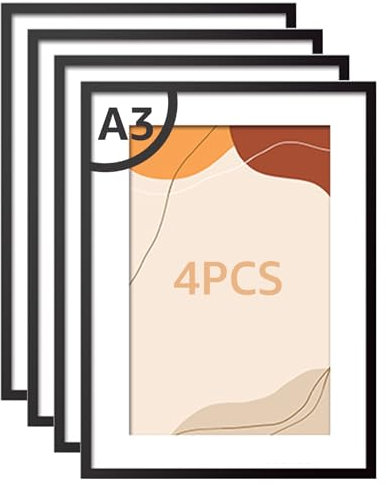 CYEER A3 Picture Frame Set of 4, A3 Black Frame with Plexiglass, Aluminum Alloy A3 Frame Photo Frame Poster Frames for Wall Mount Display