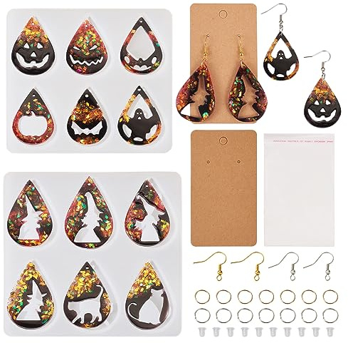 Magibeads Halloween Earring Silicone Molds, Pumpkin Bat Hat Witch Teardrop Resin Casting Molds with Open Jump Rings and Earring Hook Jewelry Earring Molds for Epoxy Resin Earrings Making