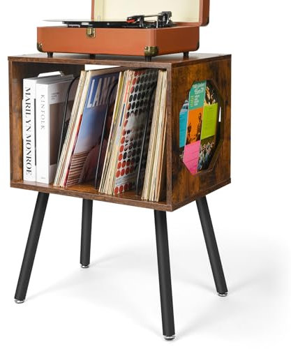 ikkle Rustic Record Player Stand, Record Storage Cabinet Holder with Metal Legs Holds 150 Albums, Turntable Stand Vinyl Record Storage Table for Bedroom Living Room (Brown)