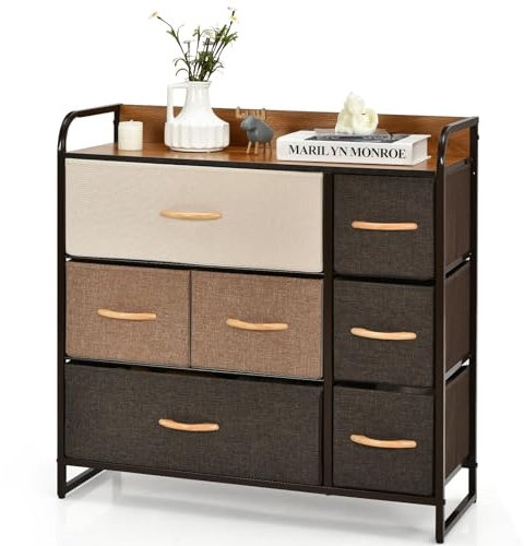 KOMFOTTEU Kommode mit 7 Schubladen aus Stoff faltbar, Schubladenschrank mit verstellbaren Füßen, Aufbewahrungsschrank mit Schubladen in 3 Größen, Stoffschrank 80 x 29 x 79 cm