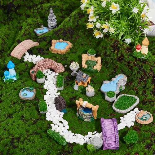 PLIGREAT 26 Piezas Miniatura Jardín de Hadas Accesorios Mini Estanque Puente Planta Macetas Bonsai Artesanía Decoración Modelos Fotografía Diseños Atrezzo Jardín Paisaje Ornamentos