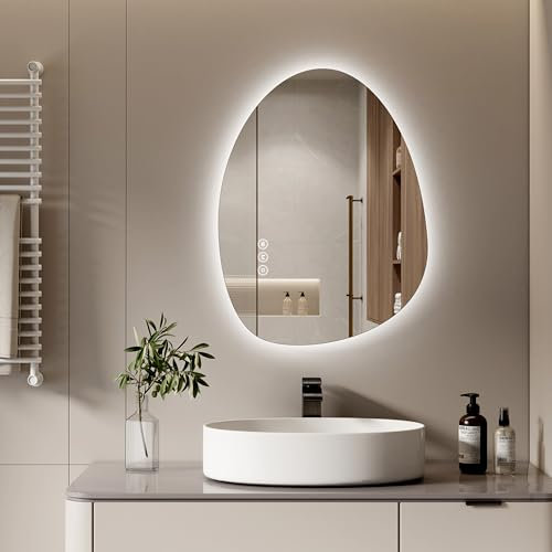 S'AFIELINA LED Bathroom Mirror with Lights, Anti-Fog & 3 Colour Temperatures, Asymmetric Dimmable Wall Mirror, IP44 Waterproof, Touch Control,Horizontal/Vertical (60x45cm)