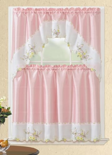 American Linen 3 Piece Embroidered Window Curtain Set, Valance and Tiers, with Embroidery (Butterfly Pink)