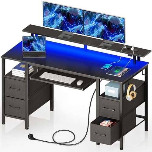 Seventable Gaming Schreibtisch mit Schubladen, Computertisch mit LED, Stromsteckdosen & USB-Ports, Gaming Tisch mit Tastaturablage & Monitorständer für Büro, Wohnzimmer(schwarz 120x47x88cm)
