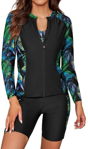 SHEKINI Set Tankini da Donna in 3 Pezzi Set a Maniche Lunghe Rash Guard con Cerniera T-Shirt da Nuoto Camicia da Surf Gilet Costume da Bagno Bikini Top Costume da Bagno Pantaloncini da Bagno Sicurezza
