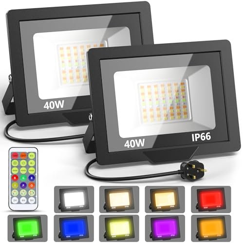 RGBW LED Flood Lights Outdoor 40W, 2 Pack Colour Changing Flood Lights Dimmable with Remote Control and Cycle Timer, IP66 Waterproof Design, Perfect for Gardens, Landscapes and Stages. UK 3-Pin Plug