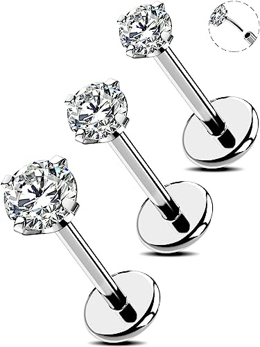 OUFER Piercing da naso da 20 G per narice 3 pezzi con retro piatto a forma di conchiglia trago elice gioielli senza filettatura in acciaio chirurgico piercing per labbro cartilagine CZ 6 mm