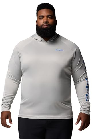 Columbia Mens PFG Terminal Tackle Long Sleeve Fishing Hoodie, Cool Grey Heather/Vivid Blue Logo, 5X