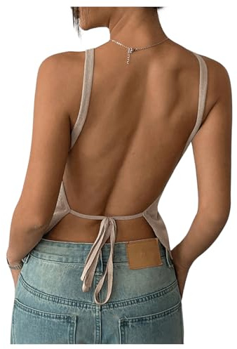 MakeMeChic Women's Tie Open Back Top Knit Backless Spaghetti Strap Going Out Tops Apricot Medium