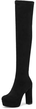 MEECHI Cuissardes À Talon Bloc Boots Femme À Tige Longue en Daim Stretch Boots De Chevalier À Plateforme Automne-Hiver avec Fermeture Éclair Latérale Talons Hauts Élégants for Fêtes(Black,40 EU)