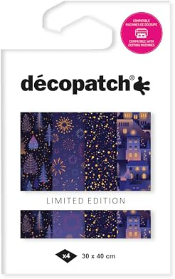 Décopatch TD936C - Packung mit 4 Bögen Décopatch-Papier 30x40cm mit Metallic-Effekt sortiert, Weihnachtsabend, 1 Pack