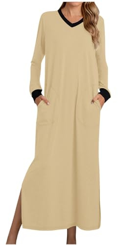 Generico Camicia da Notte Donna Cotone Manica Lunga Pigiama Invernale Elegante Camicie da Notte Lungo Morbida e Leggera Vestito da Notte Abbigliamentoda Casa Casual