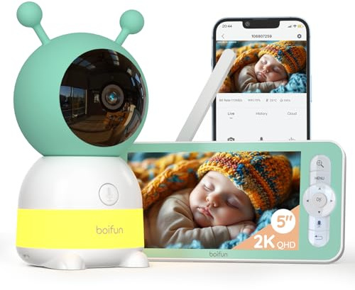 BOIFUN 2K Camara Vigilancia Bebe, Luz Nocturna Infantil, Teléfono Móvil y Monitor 5, Monitoreo de Movimiento, Seguimiento Automático 360°, Alarma de Área Personalizada, Zoom 4X, Material ABS Seguro