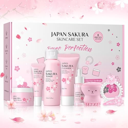 Japan Sakura Hautpflege Set für Teenager-Mädchen,8 Stück,mit Reinigung,Toner,Creme,Serum,Augenserum,Bürste,Hair tie und Clips,Feuchtigkeit Skincare Anti-aging Gesichtspflege Set