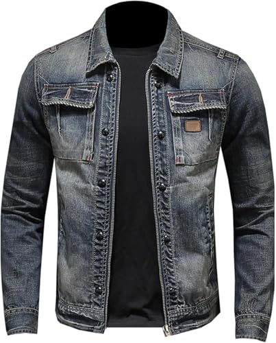 Yancremio Veste En Jean De Motard À Fermeture Éclair Rétro Pour Hommes Revers Surdimensionné Tendance Classique Veste De Travail Décontractée Pour Sports De Plein Air (Bleu,Grand)