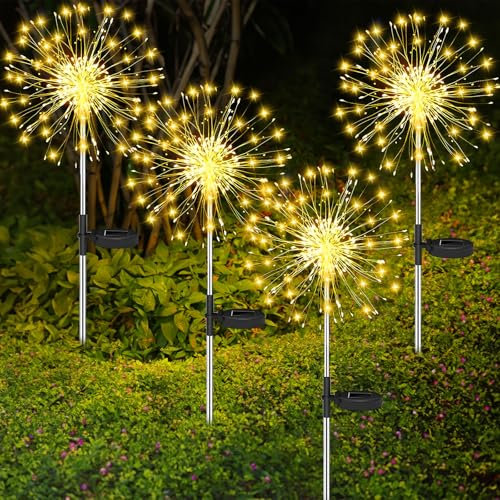 SaiXuan Lanterne Solaire Exterieur, 4 Pièces 120 LED Lampe Solaire Exterieur Decorative, 8 Modes Blanc Chaud Étanche Lampe Solaire de Pissenlit, Feux d'artifice Solaires pour Cour, Pelouse Décoration
