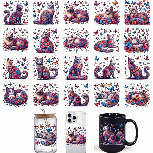 20pcs Cat Butterfly Flower UV DTF Cup Wraps Transfer Waterproof Sticker for Glass Cups Furniture Craft DIY Crafts,Rub on Transfer Stickers for DIY Water Bottle Laptop Decal Wood Car