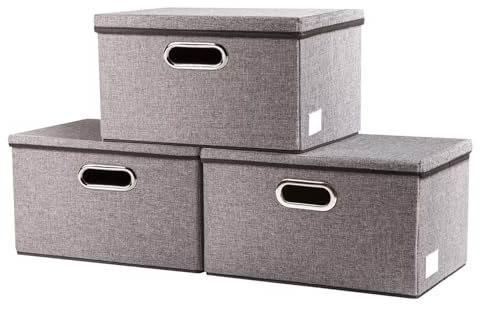 PRANDOM Storage Bins with Lids [3-Pack] Linen Fabric Foldable Storage Boxes Organizer Containers Baskets Cube with Cover for Home Bedroom Closet Office Nursery Grey（11.4X8.6X6.7