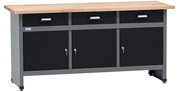 Küpper Werkbank 12159, 170x84x60 cm, 3 Schubladen, 3 Türen, 300 kg Traglast, 30 mm Massive Buchenarbeitsplatte (Schwarz, 170x84x60)