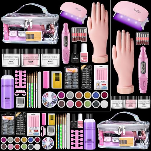 Acrylic Nail Kit for Beginners with Everything: Nail Acrylic Powder and Liquid Set with Practice Hand Drill UV lamp - Nail Art Starter Extension Kits in Pink Bag for Home Salon DIY (Silver Bag)