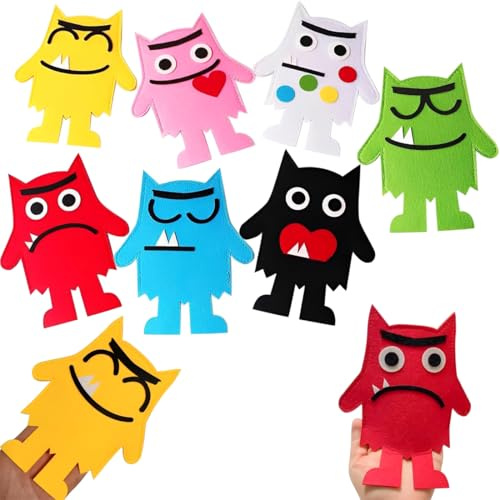 BCHKO Ensemble de 7 marionnettes monstres colorées en peluche, à doigts en feutrine, DIY pour l'apprentissage précoce, idéal pour les fêtes d'anniversaire et les accessoires de jeux de rôle