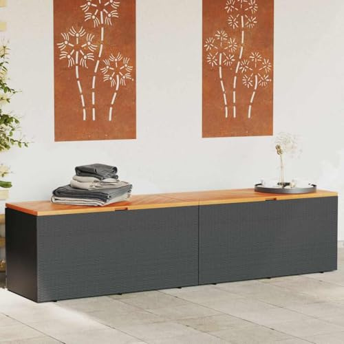 Teenpull Coffre de jardin en polyrotin noir - 220 x 50 x 54 cm - En bois d'acacia - Avec sac étanche - Résistant aux UV - Pour coussins, coussins et jouets - Rangement polyvalent pour l'extérieur