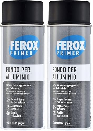 FEROX Fondo per Alluminio 400 ml, Fondo Aggrappante per Verniciatura, Colore Grigio, Primer Superfici Interno/Esterno, Primer per Alluminio, Rapida Essicazione, Lunga Durata (Confezione da 2)