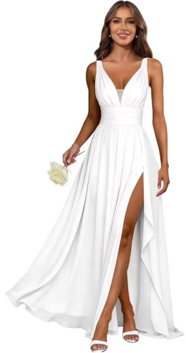 jdoiweidm Beach Wedding Dresses for Bride Pleated Chiffon V Neck Ruffle A Line Bridal Gown White Formal Dress Size 4