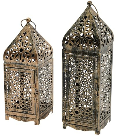 Juego de 2 faroles decorativos de bronce – Farolillos altos en estilo vintage, farolillos de vela para interiores y exteriores, portavelas, con anillo para colgar y cierre de puerta, para decoración