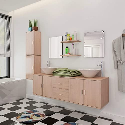 Yunovire 11-TLG. Badrumsmöbler set set med handfat och kran beige, trämaterial tvättställ med låda, spegelskåp, högskåp, hylla, förvaringsutrymme för badrum och gäster toalett