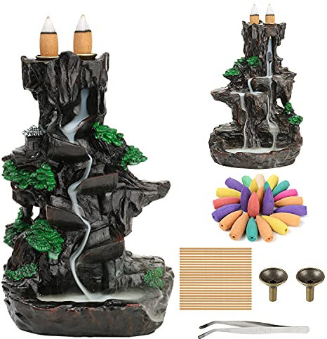 XUDREZ Mountain Backflow Incense Holder Resin Waterfall Burner Incense Cones Holder Home Decor Gifts with 120pcs Cones
