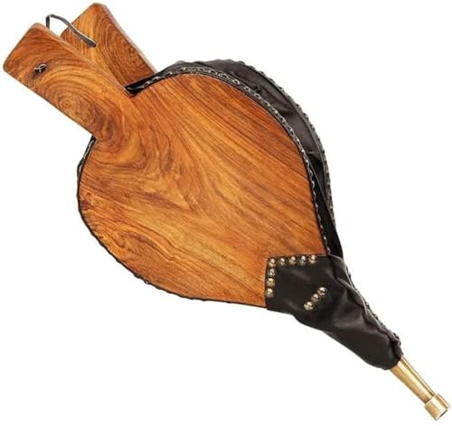 Oakestry Lodge - Soffietto per caminetto con cinturino in pelle, lati in pelle e rivetti e ugelli in ottone, in legno, nero e ottone