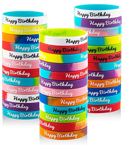 hexiaoxiao 36pcs Happy Birthday Rubber Bracelets Colorful Silicone Stretch Wristbands for Birthday Party Supplies Favors rubber bracelets for kids&teens Classroom Prizes Teacher Supplies