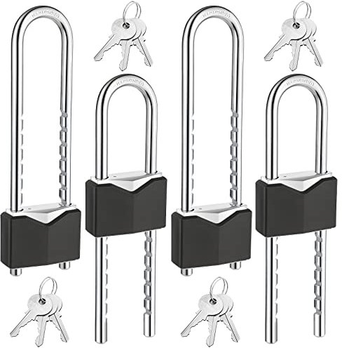 4 Stück Vorhängeschloss mit Langem Bügel und Schlüssel 5,2 cm Sicherheitsschloss Massives Messing Abnehmbar Verstellbare Länge Schwarzer Bügel für Schränke Motorad Fahrrad