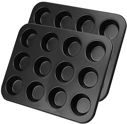 SEUNMUK 2 Pack 12 Cup Muffin Tin, Carbon Steel Muffin Tray Cupcake Baking Tray for Muffins, Cupcakes and Pudding Baking, Black