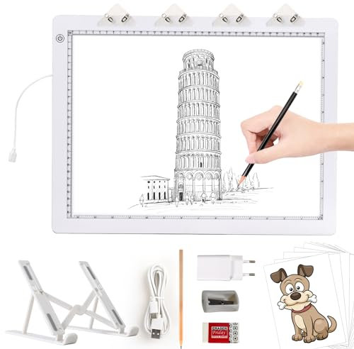 TOHETO A3 Leuchttisch mit Faltbarem Ständer, Adapter, Ultra-dünne Superhell Leuchtplatte, Diamond Painting Tisch Leuchtkasten, LED Lightbox Lightpad für Zeichnen, Diamantmalerei, Tätowierung (Weiß)