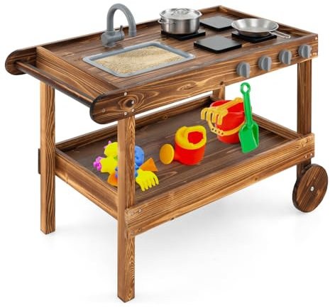 DREAMADE Cuisine Enfants en Cèdre pour +3 Ans, Chariot de Cuisine Roulant Extérieur avec Poignée, Robinet et Evier Amovible, Cuisinières et Boutons Rotatifs, Casserole et Poêle