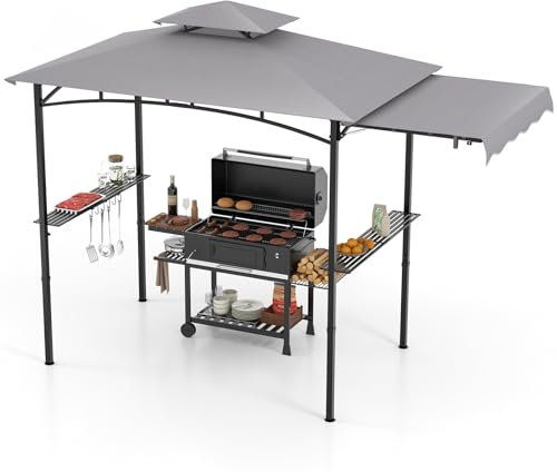 HOMASIS Gazebo per Barbecue con Tettoia Laterale, Pergolato da Giardino con Doppio Tetto, 2 Tavoli e Ganci, Pergola Addossata per Esterno, Gazebo per griglia/BBQ (Grigio, 318 x 153 x 250 cm)