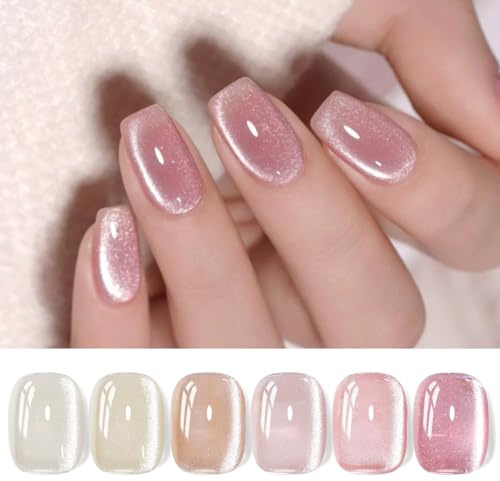 BORN PRETTY 6 Colors Jelly Nude Pink Cat Magnetic Eye Gel Polish Set with Magnet, Soak-Off U V/LED Iridescent Cat Gel for Nail Art Salon DIY Home